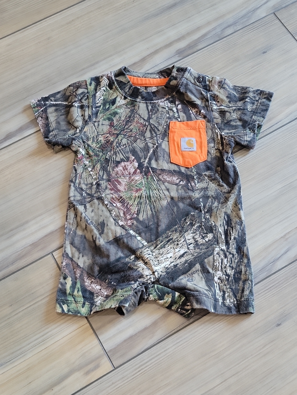 Carhartt Kids Short-Sleeve Camo Onesie with Orange Pocket